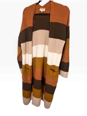 (Size M) Freshman 1996 Earth Tone Colorblock Striped Longline Duster Cardigan 